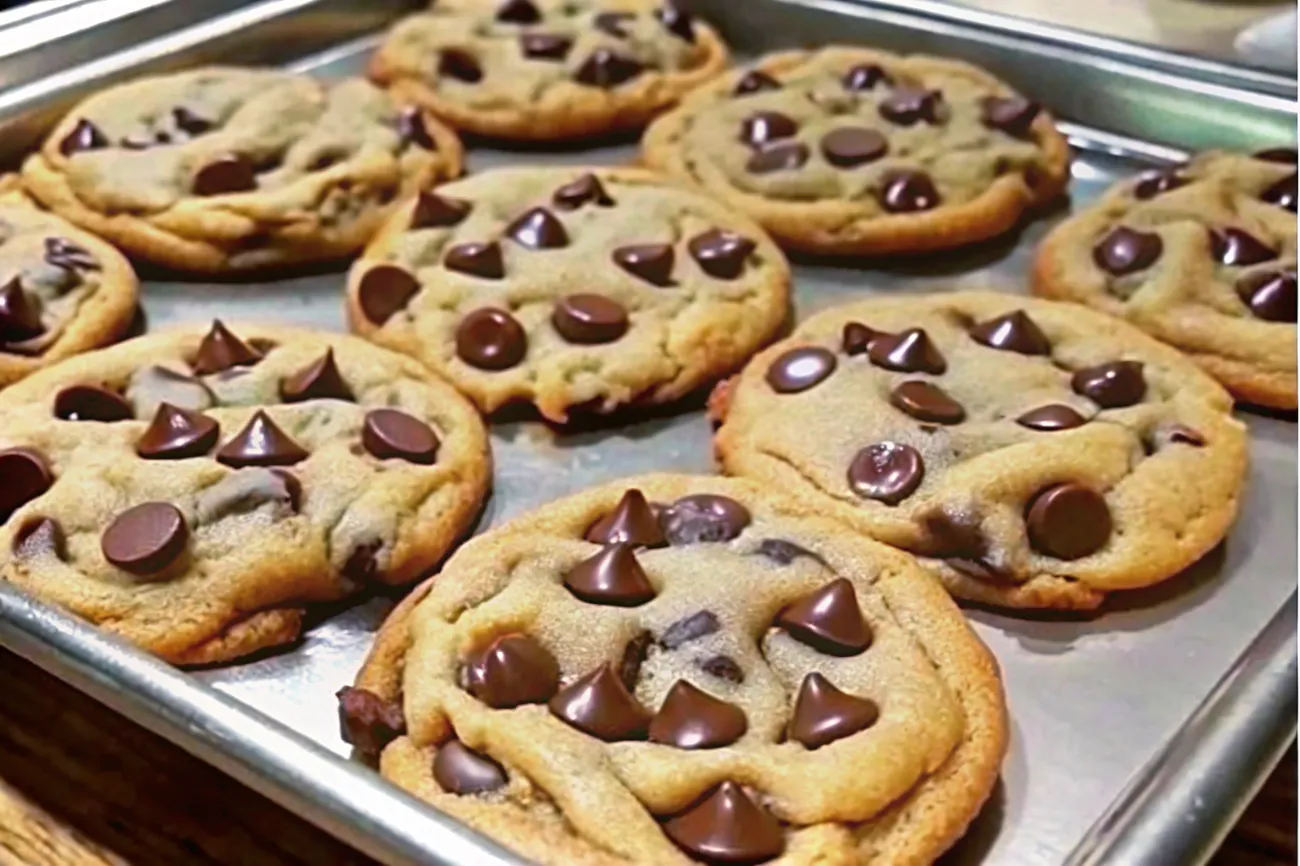 A tray of soft and chewy Chocolate Chip Cookies with golden edges and melty chocolate centers.