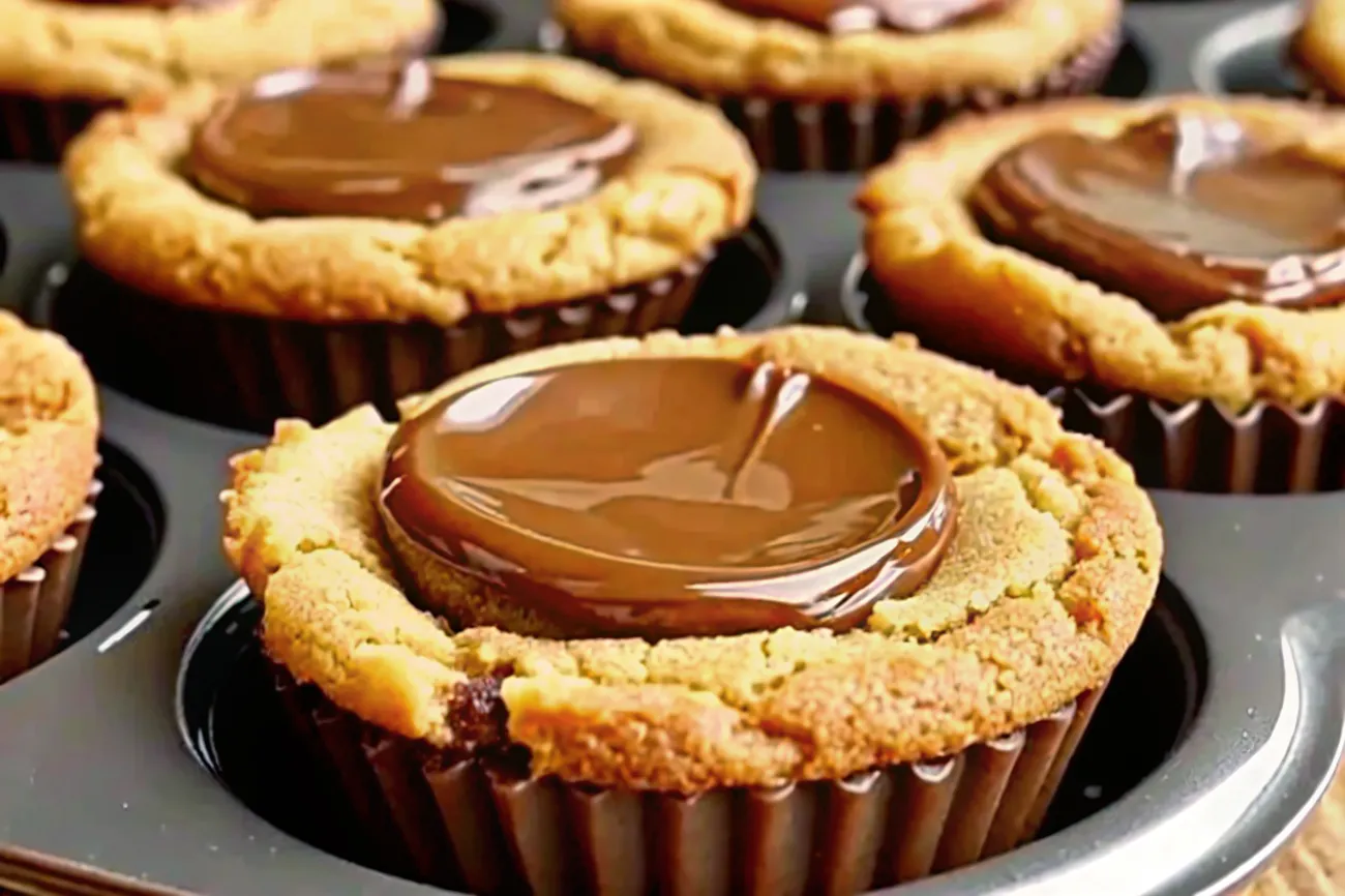 A tray of soft and chewy Peanut Butter Cup Cookies with mini peanut butter cups embedded in the centers.