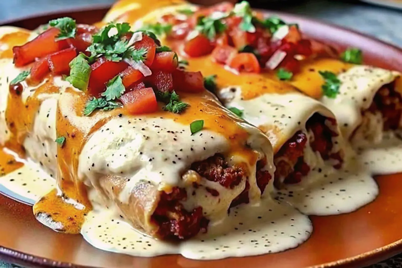 A delicious tray of Jalapeño Popper Cheesy Chicken Enchiladas with melted cheese and creamy sauce.