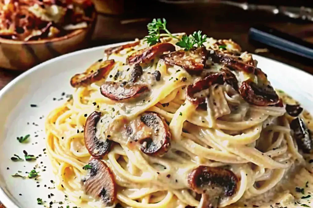 A delicious bowl of Creamy Garlic Mushroom and Bacon Pasta with crispy bacon, tender mushrooms, and fresh parsley garnish.