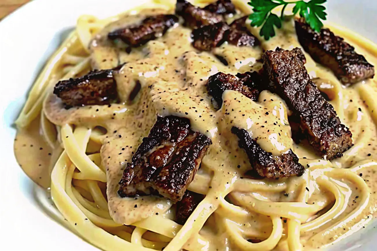 A delicious plate of Creamy Cajun Beef Alfredo with tender beef, creamy sauce, and fresh parsley garnish.