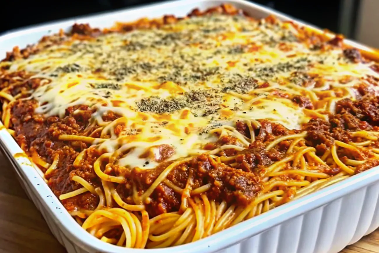 A delicious tray of Million Dollar Spaghetti Casserole with melted cheese and a golden crust.