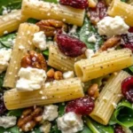 A delicious bowl of Spinach Pasta Salad with Feta & Cranberries featuring fresh greens, sweet cranberries, and crunchy walnuts.