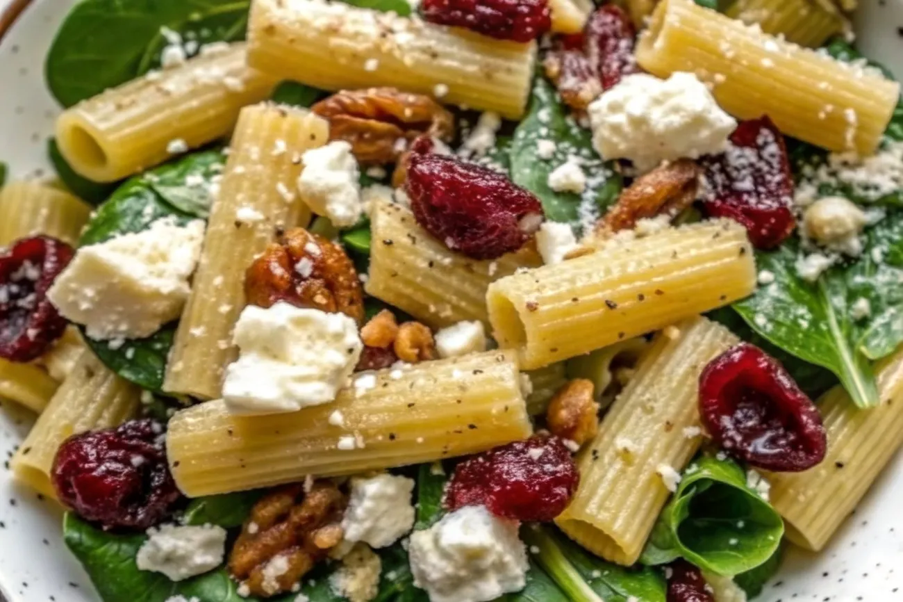 A delicious bowl of Spinach Pasta Salad with Feta & Cranberries featuring fresh greens, sweet cranberries, and crunchy walnuts.