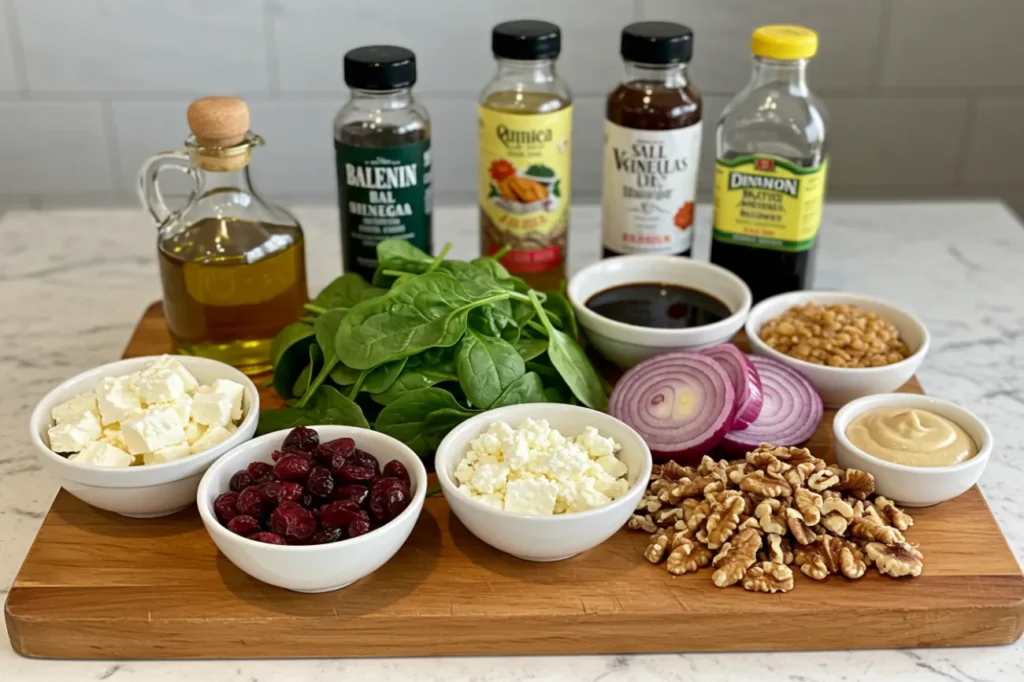 Fresh ingredients for Spinach Pasta Salad with Feta & Cranberries, including pasta, spinach, cranberries, feta, and nuts.