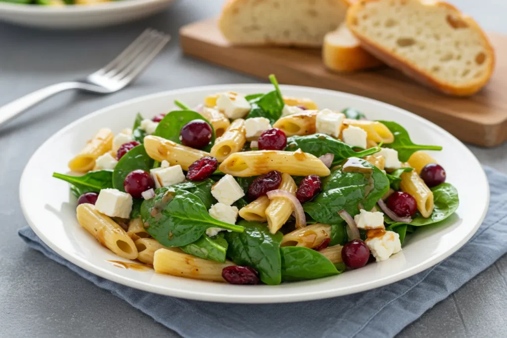 A finished plate of Spinach Pasta Salad with Feta & Cranberries, topped with extra feta and walnuts for added flair.