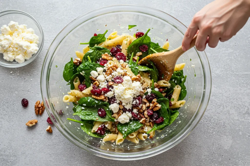 Step-by-step process of mixing Spinach Pasta Salad with Feta & Cranberries for balanced flavors.