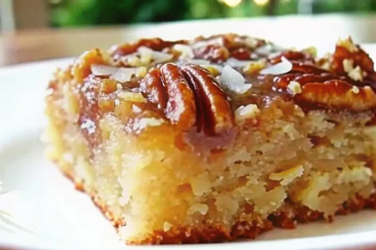 A delicious slice of Texas Cake with fluffy layers and powdered sugar garnish.