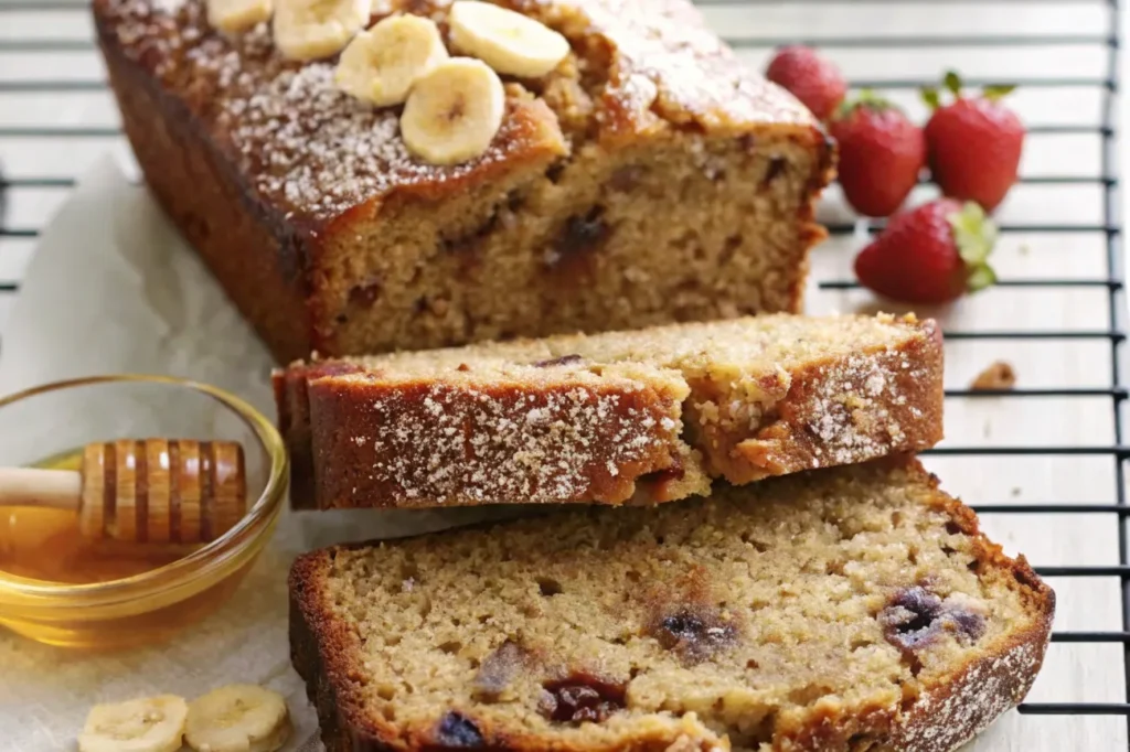 A finished loaf of Cottage Cheese Banana Bread with powdered sugar garnish and fresh berry accompaniment.
