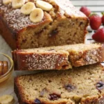 A finished loaf of Cottage Cheese Banana Bread with powdered sugar garnish and fresh berry accompaniment.