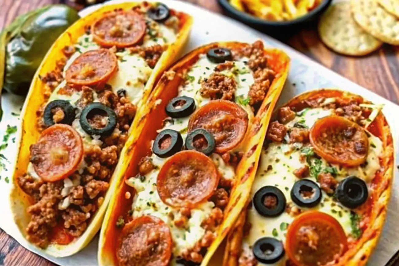 Delicious Meat Lovers Pizza Tacos arranged on a wooden board with toppings like ground beef, pepperoni, bacon, sausage, cheese, and veggies.