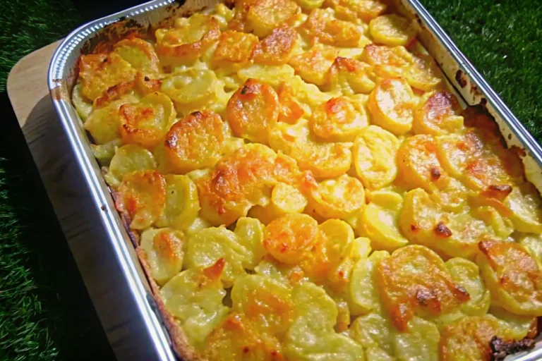 Golden scalloped potatoes in a baking dish, topped with melted cheddar cheese and paprika, garnished with fresh thyme, on a rustic wooden table.