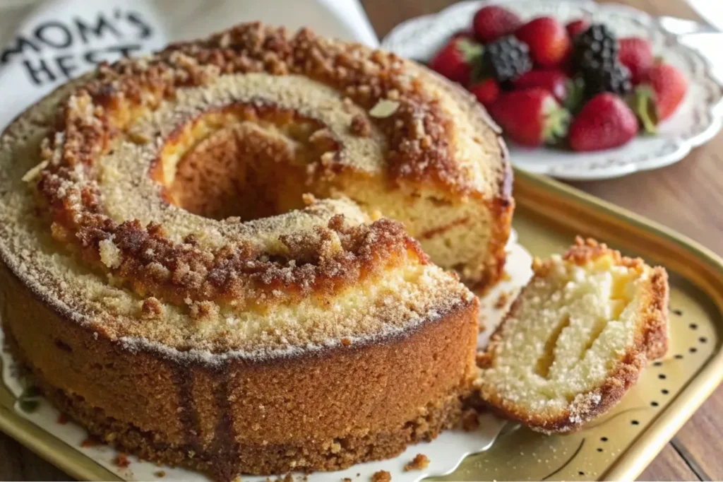 A finished tray of Mom’s Best Cake with caramel drizzle and fresh berry garnish.