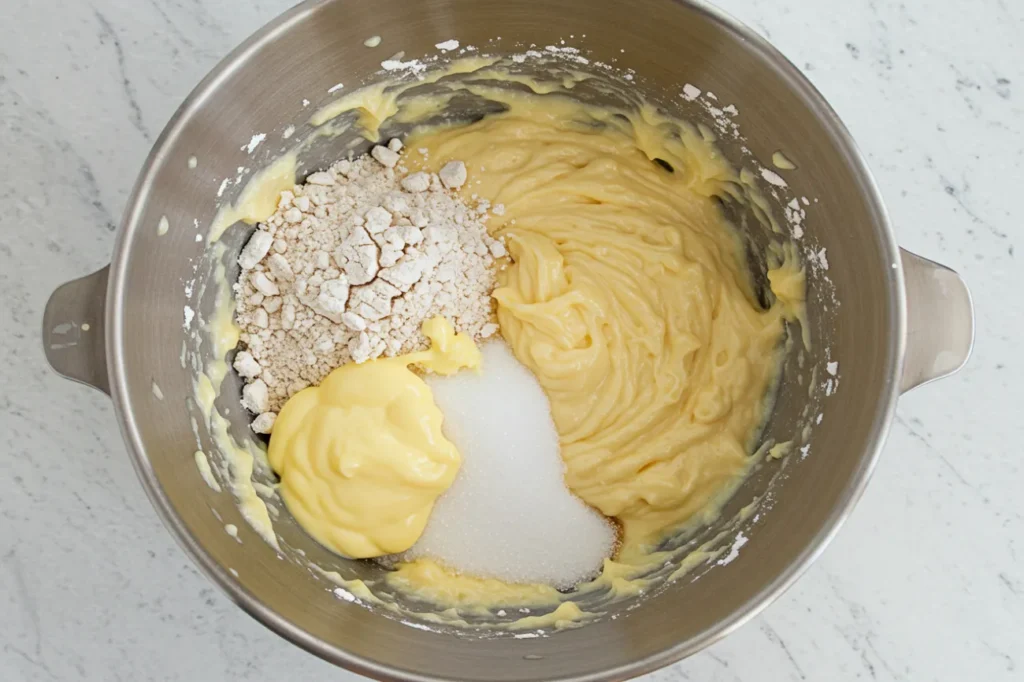 Step-by-step process of mixing Mom’s Best Cake batter with key ingredients.