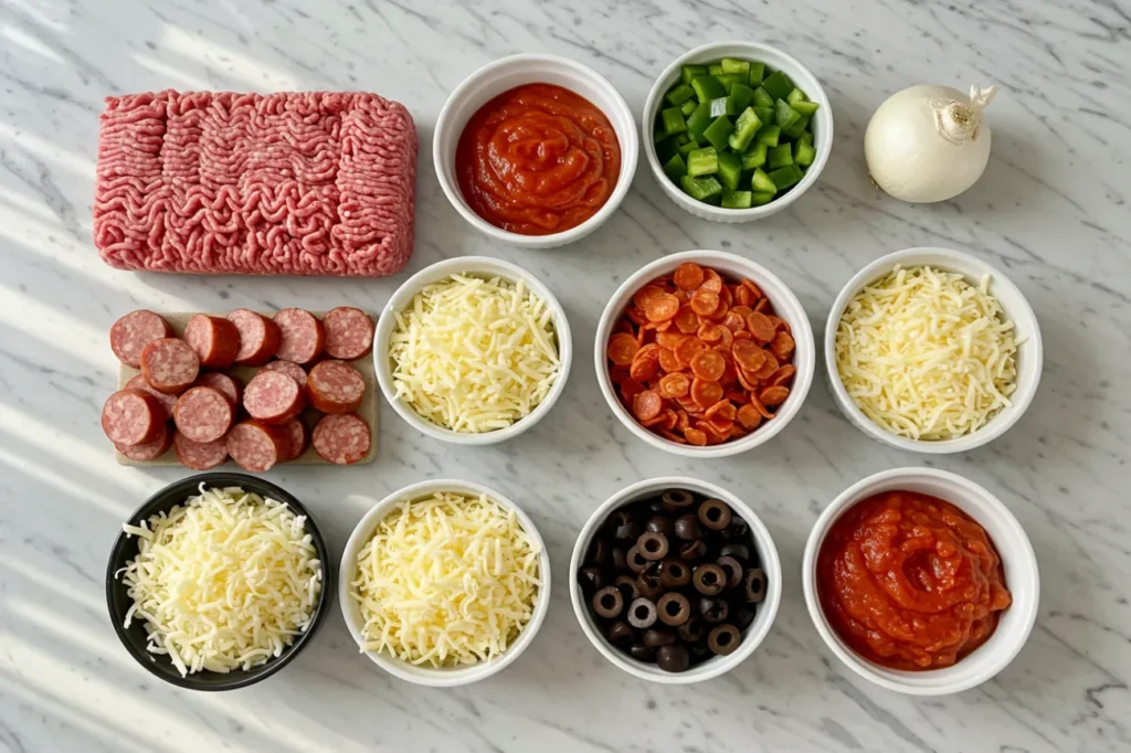 All ingredients needed to make Meat Lovers Pizza Tacos laid out beautifully on a counter.