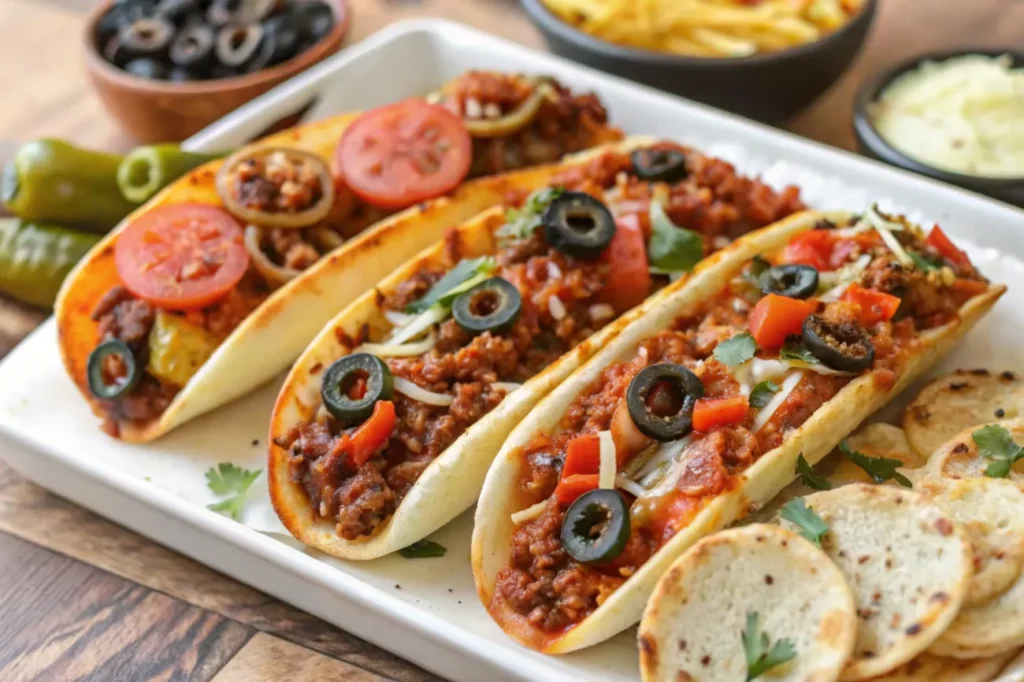 Delicious Meat Lovers Pizza Tacos arranged on a wooden board with toppings like ground beef, pepperoni, bacon, sausage, cheese, and veggies.