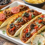 Delicious Meat Lovers Pizza Tacos arranged on a wooden board with toppings like ground beef, pepperoni, bacon, sausage, cheese, and veggies.