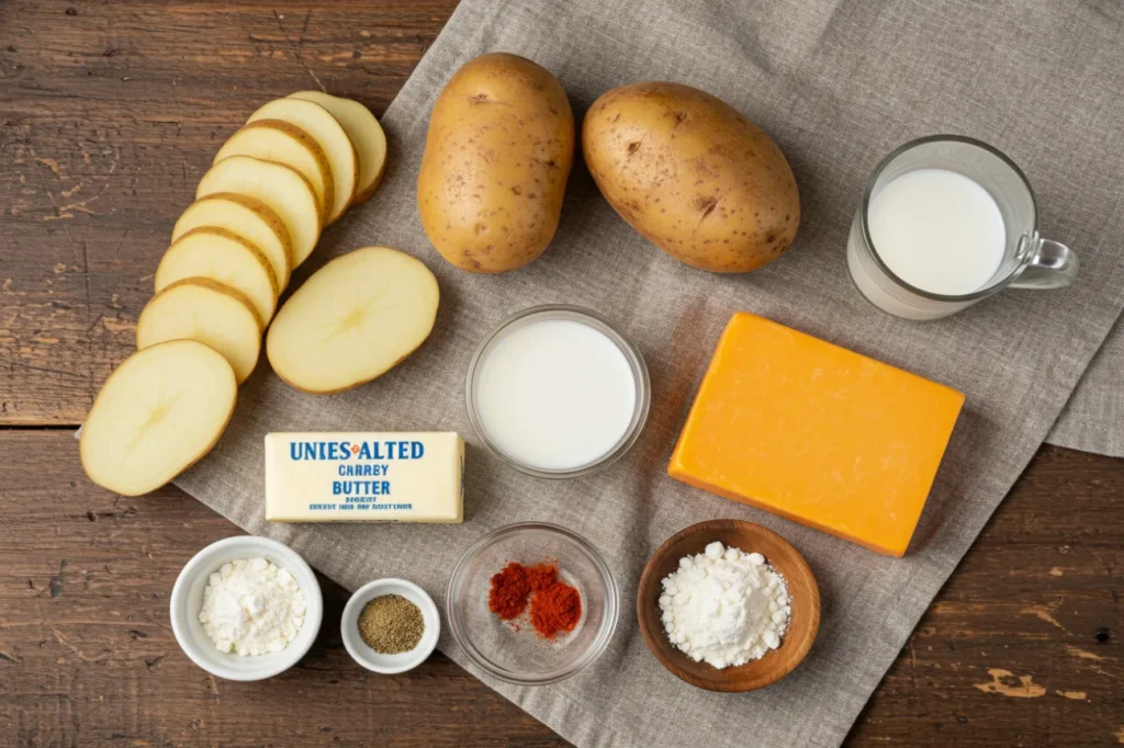 Ingredients for scalloped potatoes: potatoes, cheddar cheese, butter, milk, flour, cayenne pepper, and paprika arranged on a wooden table