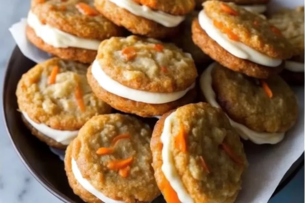 "Soft, spiced carrot cake cookies arranged beautifully on a wooden tray with garnishes."