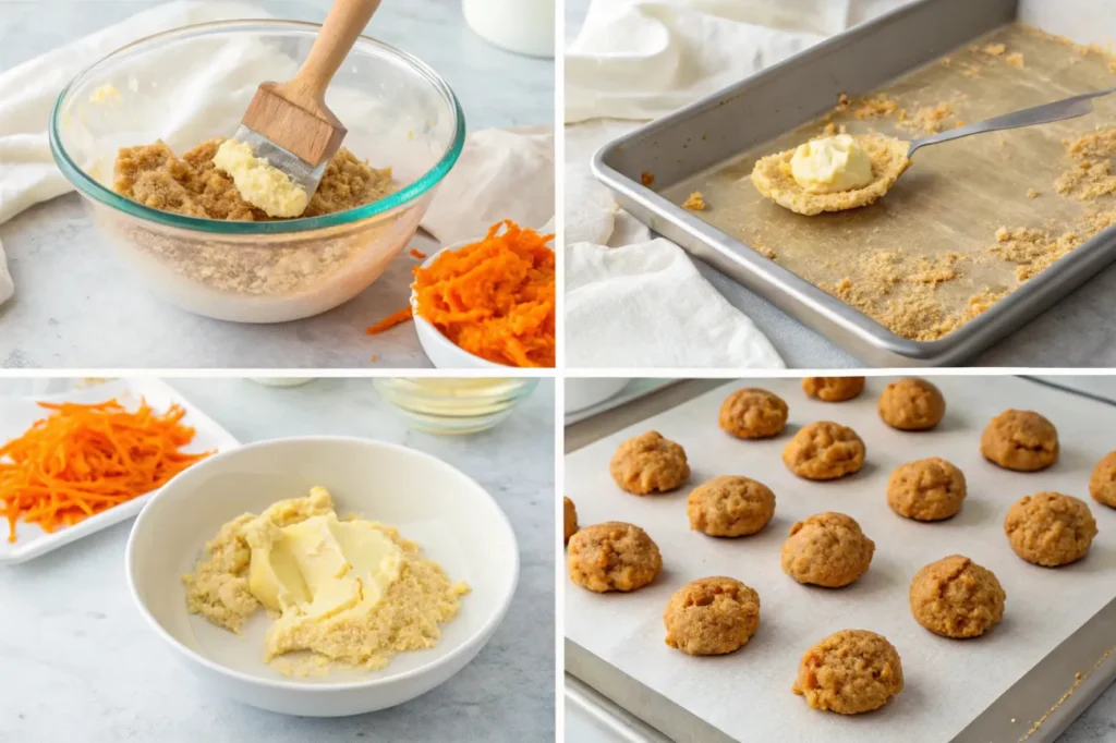 Step-by-step process of preparing and baking carrot cake cookies.