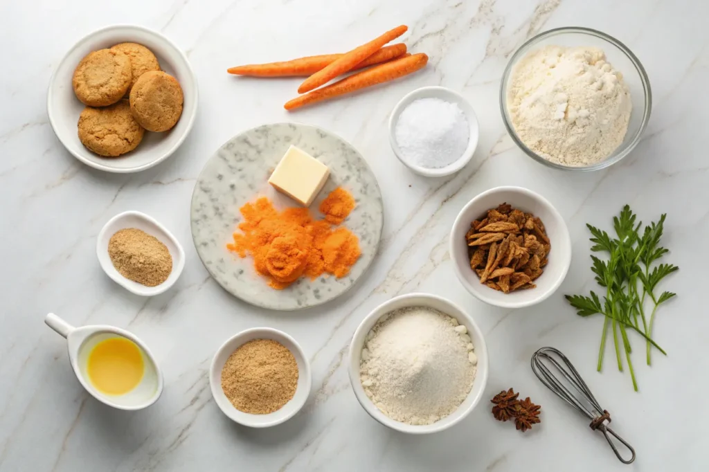 Key ingredients for making delicious homemade carrot cake cookies.