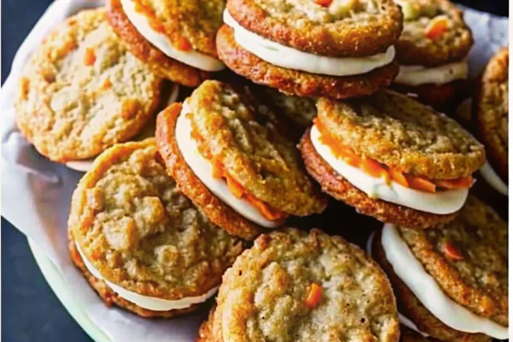 Soft, spiced carrot cake cookies arranged beautifully on a wooden tray with garnishes.