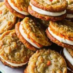 Soft, spiced carrot cake cookies arranged beautifully on a wooden tray with garnishes.