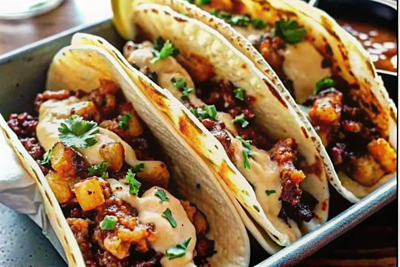 Delicious Garlic Butter Honey BBQ Chicken Tacos with colorful toppings and creamy sauce.