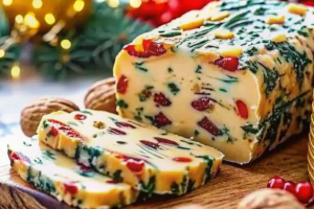 Festive Christmas Italian Cheese Log on a wooden board