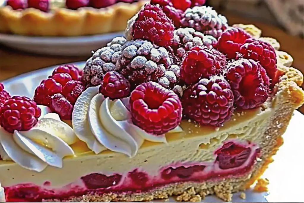 Freshly baked Lemon Raspberry Pie with vibrant layers