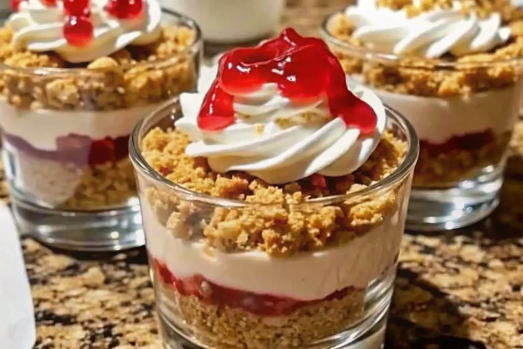 Fireball-Free Cheesecake Shots on a mirrored tray