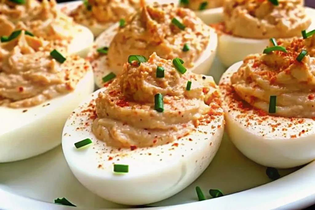 Tuna Stuffed Deviled Eggs with paprika garnish