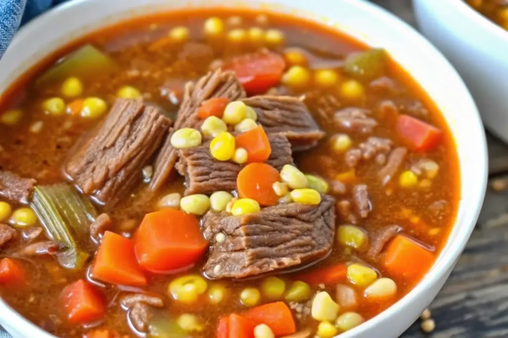 "Hearty Beef Barley Soup in a rustic bowl