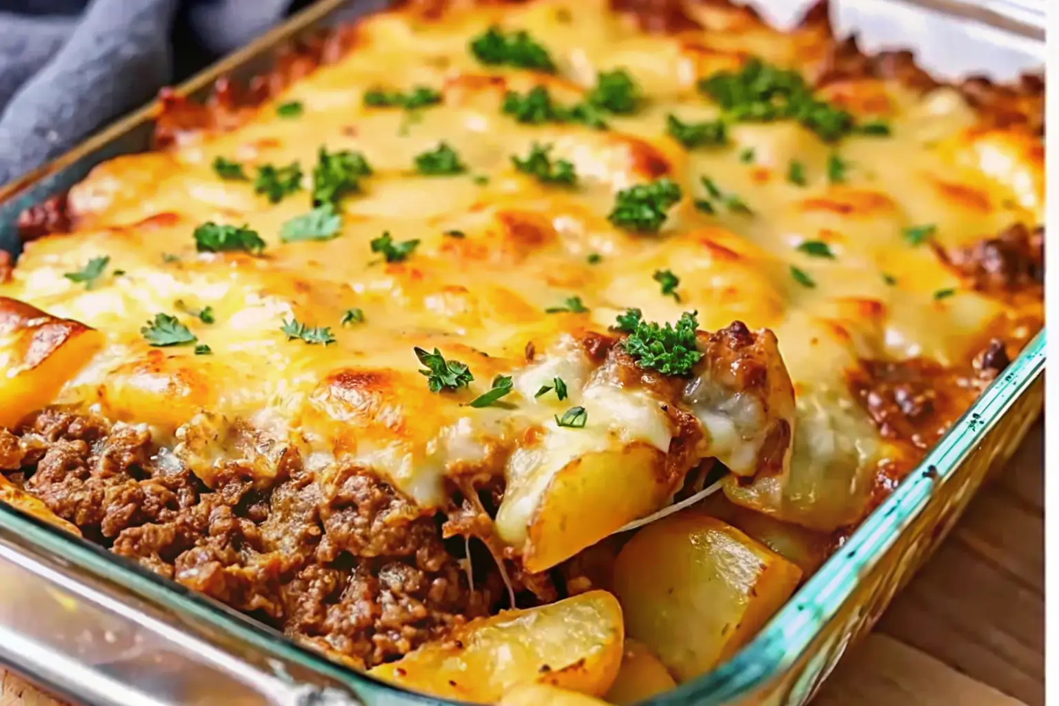 Loaded Potato & Meatloaf Casserole in a rustic baking dish