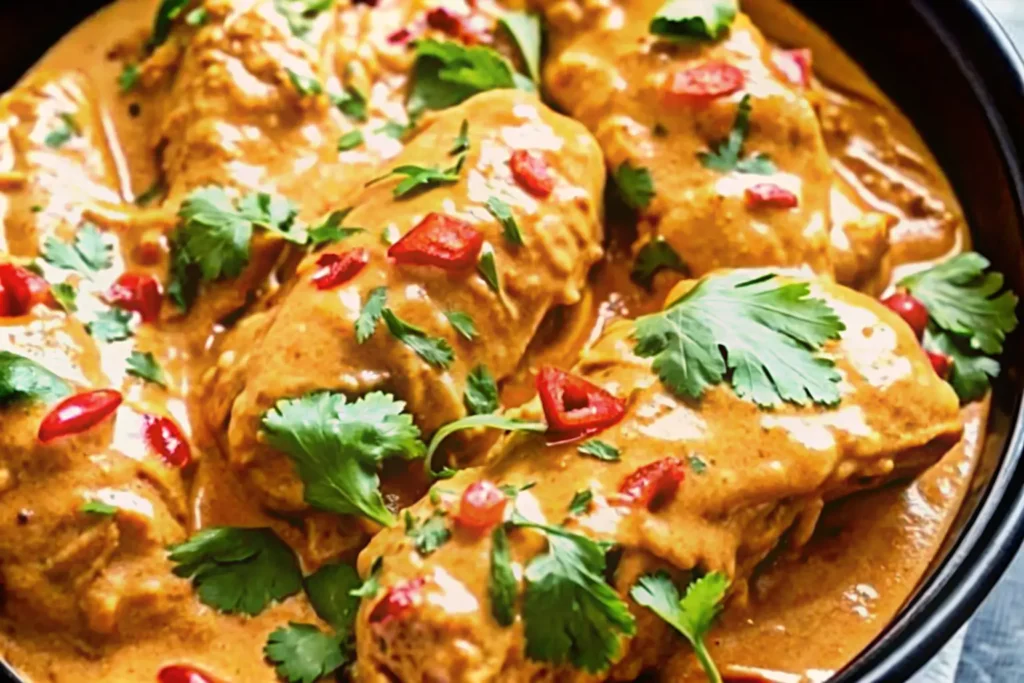 Crockpot Thai Peanut Chicken in a rustic bowl