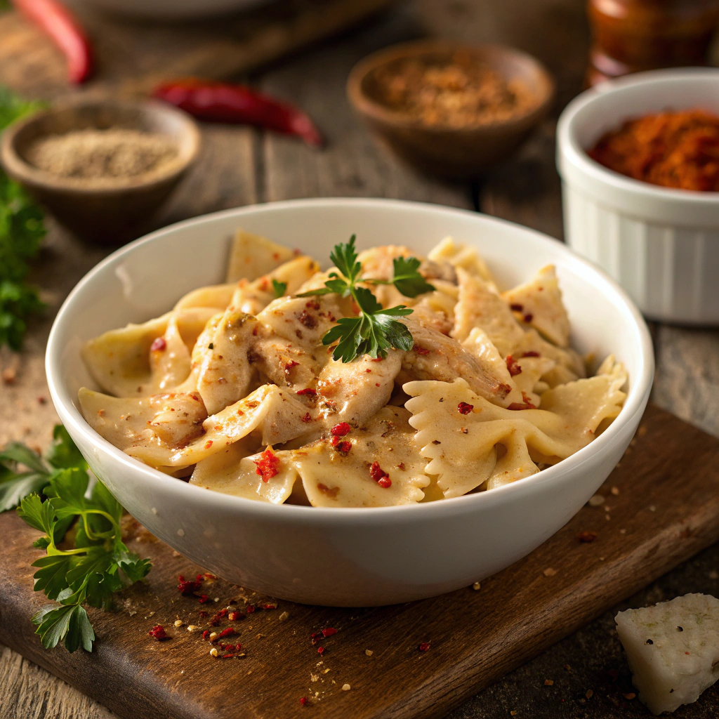 Spicy Cajun chicken bowtie pasta in cheesy Alfredo sauce recipe
