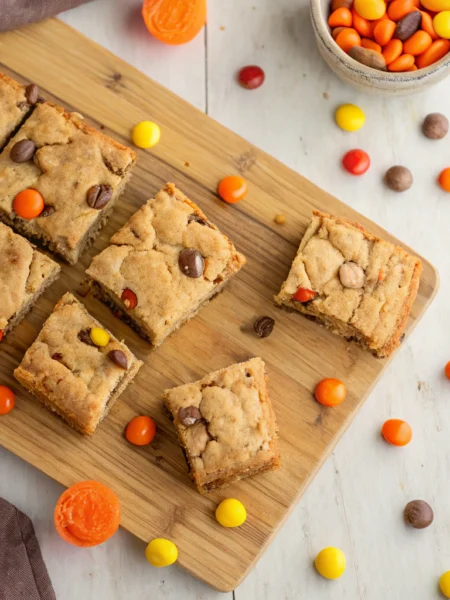 Homemade Reeces Pieces chocolate chip cookie bars cut into squares