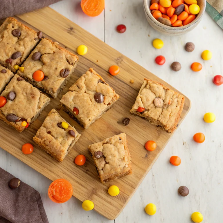 Homemade Reeces Pieces chocolate chip cookie bars cut into squares