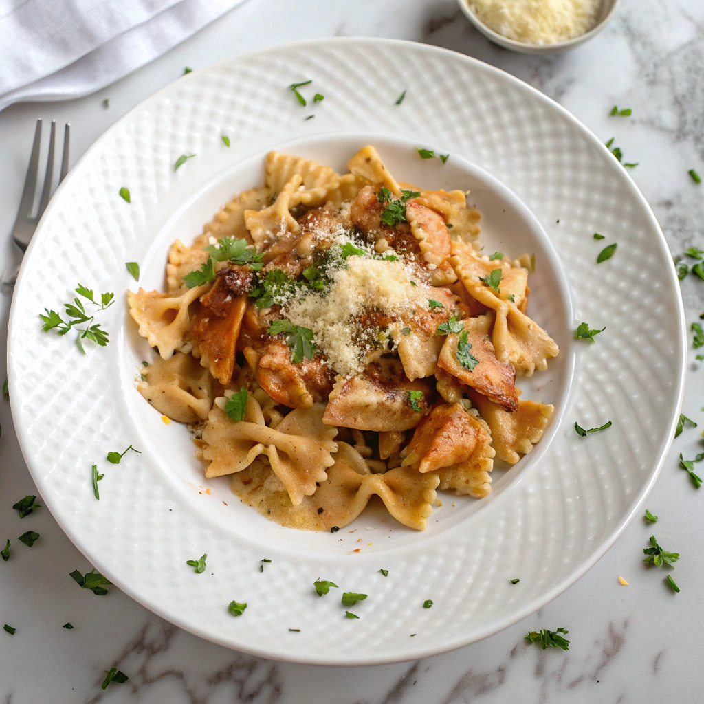 Finished spicy Cajun chicken bowtie pasta in cheesy Alfredo sauce