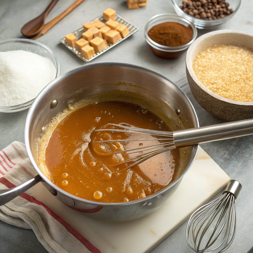 Making butterscotch caramel base for budino recipe in heavy saucepan