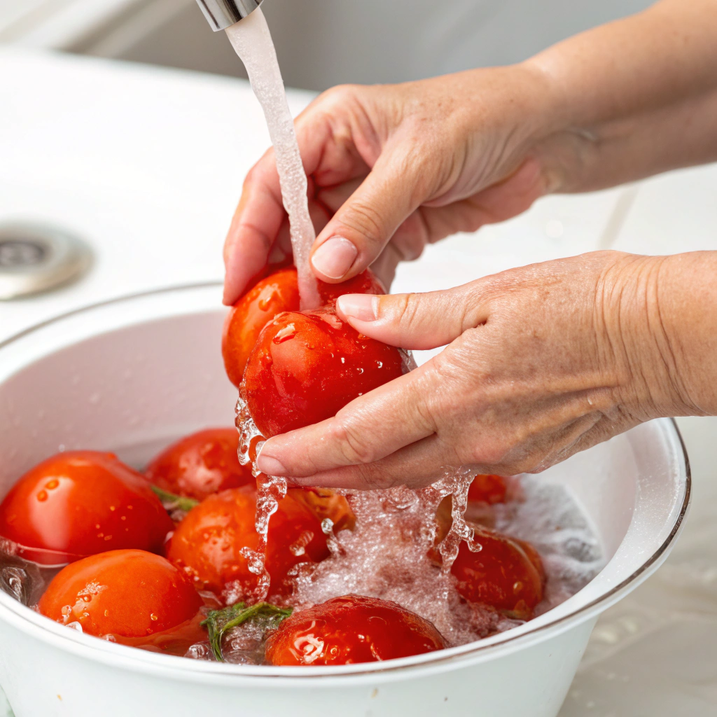 Beginner canning technique demonstrating tomato blanching and peeling