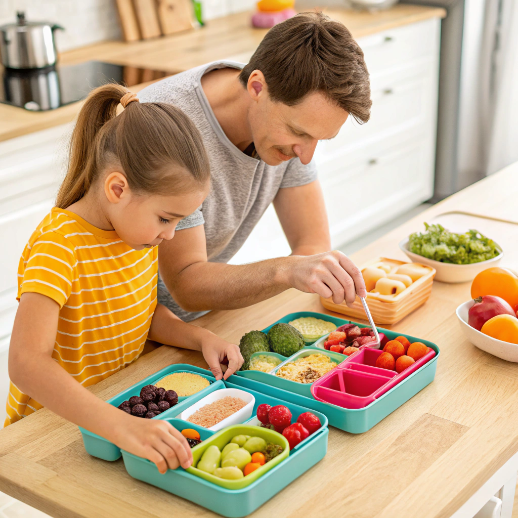 Parent and child preparing healthy school lunch ideas together