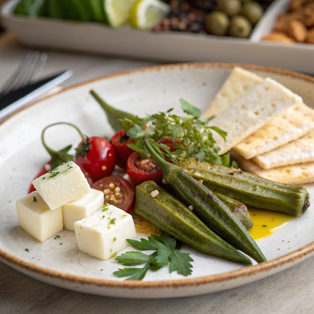 Pickled okra served as gourmet appetizer with cheese and vegetables