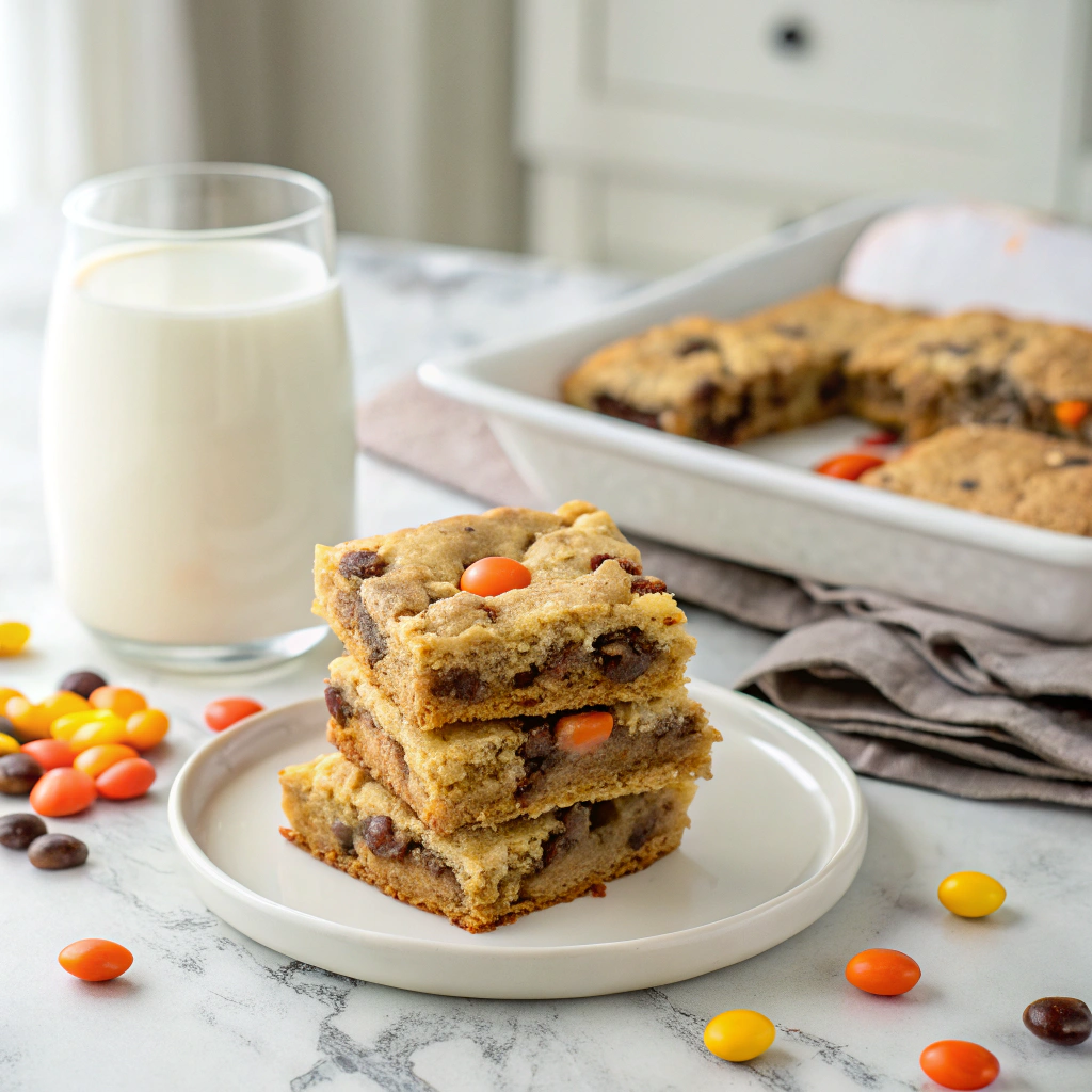 Finished Reeces Pieces chocolate chip cookie bars ready to serve with milk