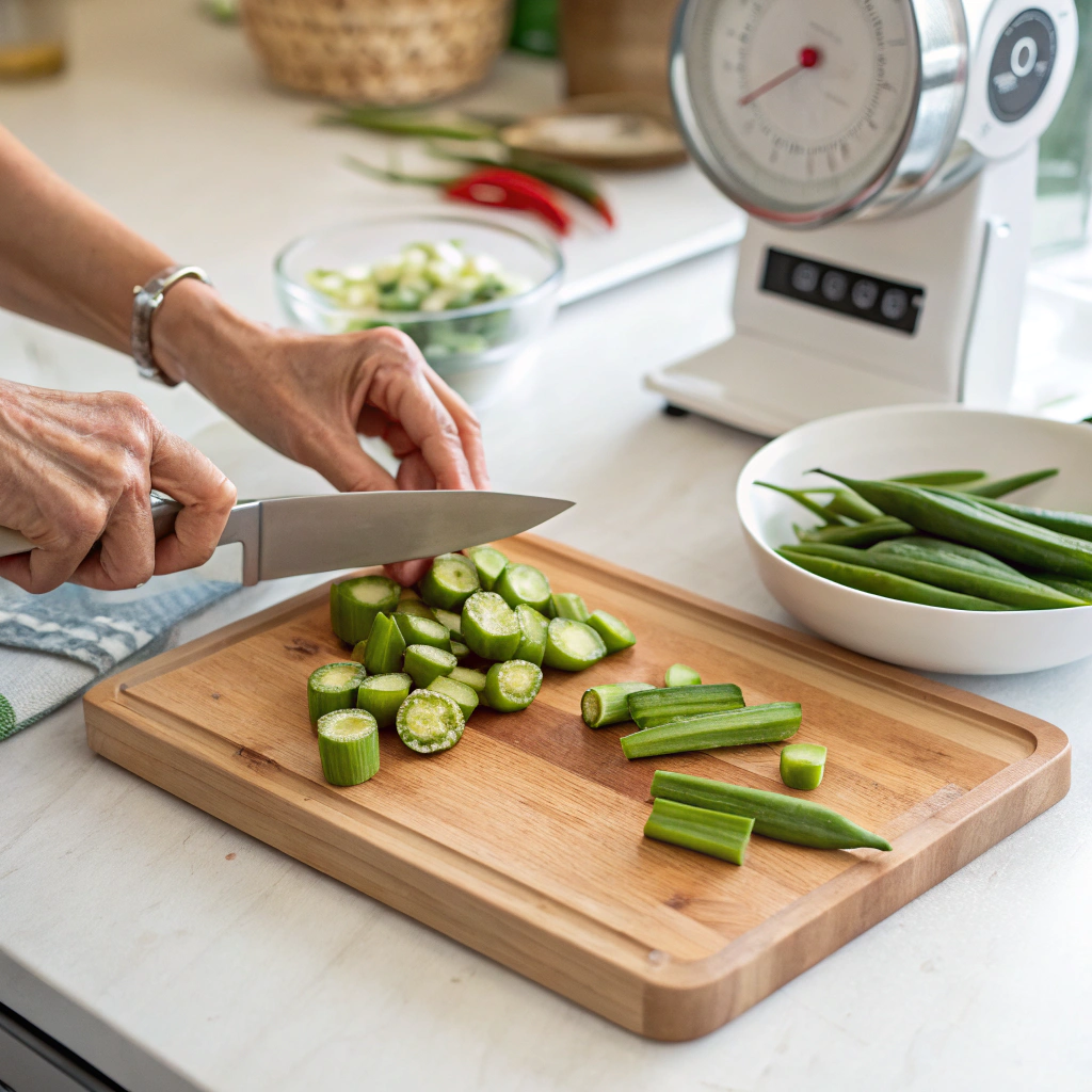Preparing fresh okra for pickling by trimming and slicing