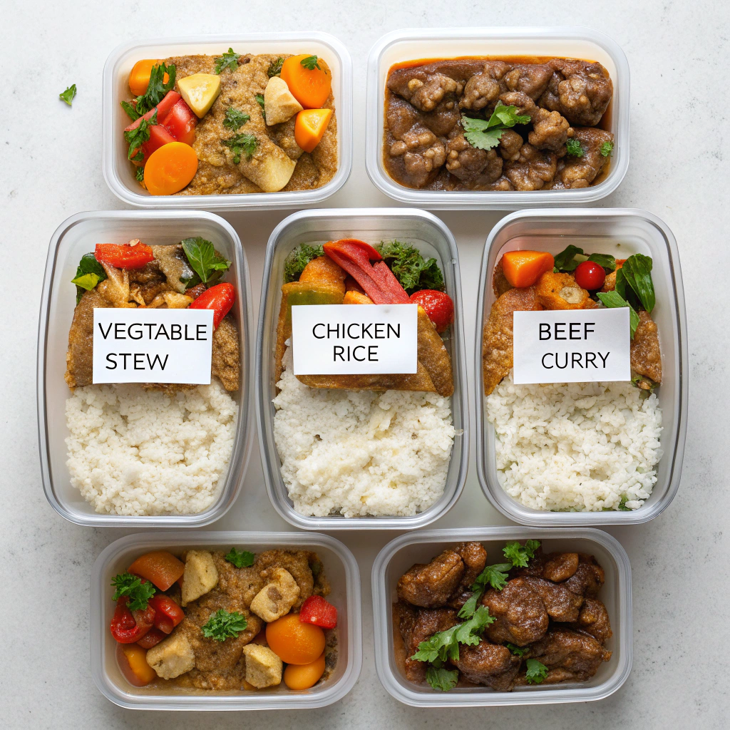 Meal prep containers with various crockpot recipes
