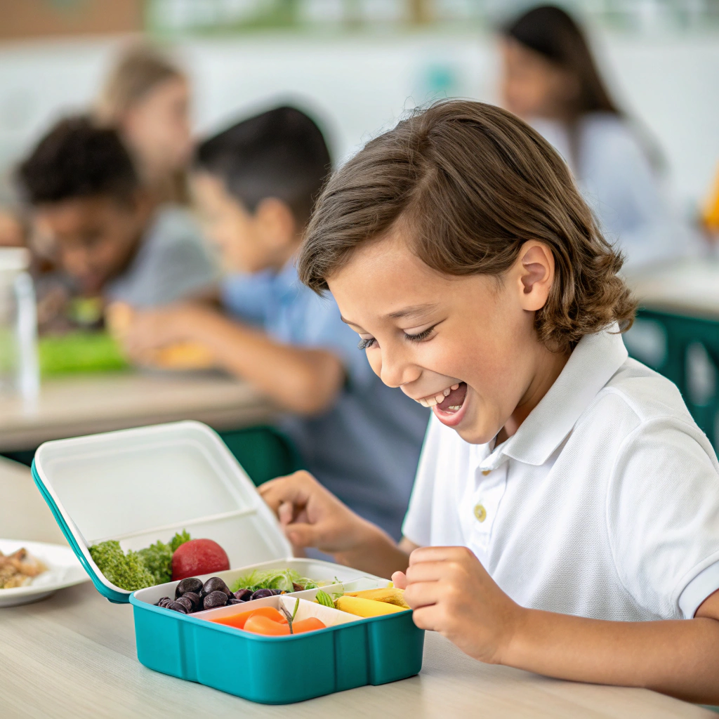 Happy child enjoying healthy school lunch ideas at school