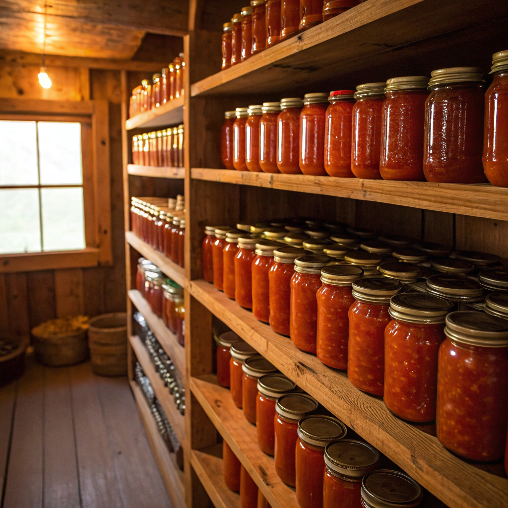 Finished canned tomatoes stored in organized pantry for beginners