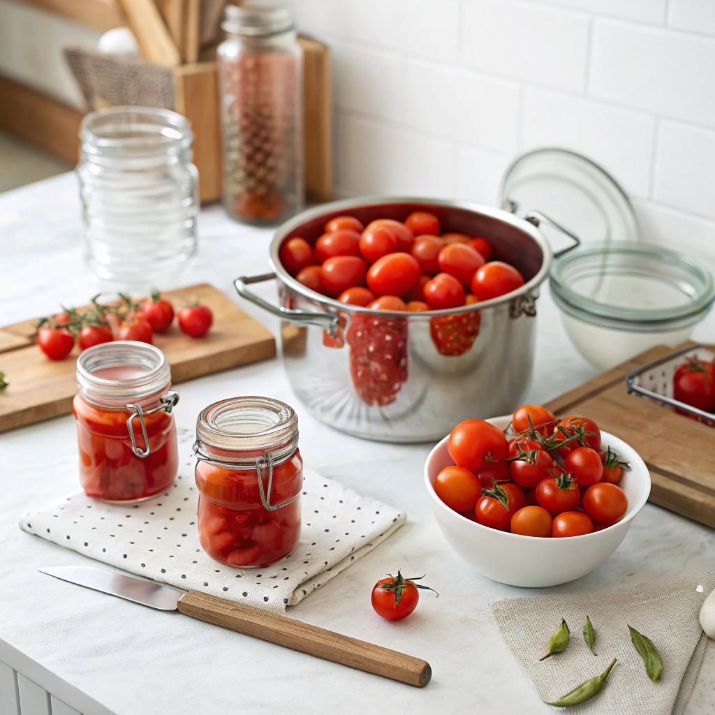 Beginner canning tomatoes setup with fresh tomatoes and mason jars