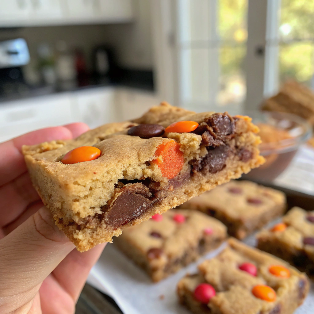 Close-up of chewy Reeces Pieces cookie bar showing texture and candy pieces